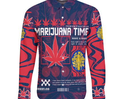 France Long Sleeve Button Shirt Flag & Coat Of Arms Marijuanas Style