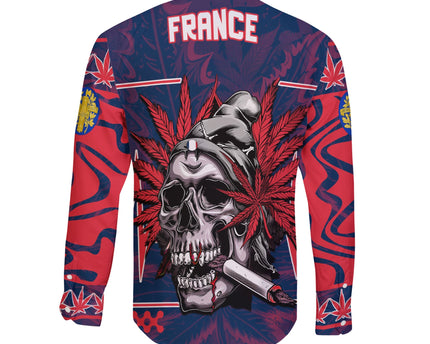 France Long Sleeve Button Shirt Flag & Coat Of Arms Marijuanas Style