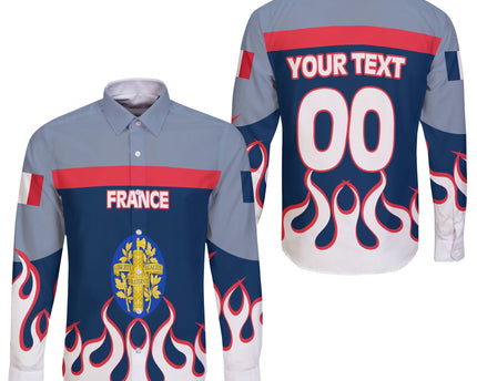 France Long Sleeve Button Shirt Flag & Coat Of Arms Fire Hockey Style