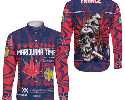 France Long Sleeve Button Shirt Flag & Coat Of Arms Marijuanas Style