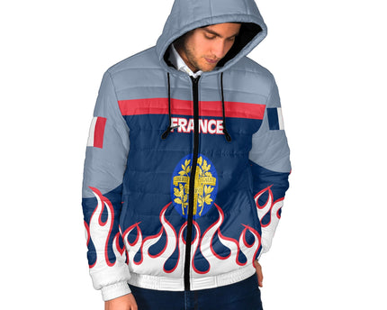 France Men Hooded Padded Jacket Flag & Coat Of Arms Fire Hockey Style