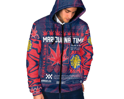 France Men Hooded Padded Jacket Flag & Coat Of Arms Marijuanas Style