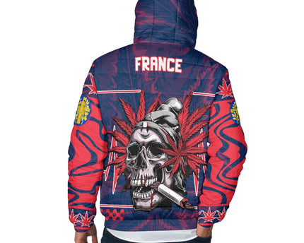 France Men Hooded Padded Jacket Flag & Coat Of Arms Marijuanas Style