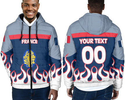 France Men Hooded Padded Jacket Flag & Coat Of Arms Fire Hockey Style