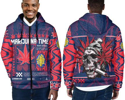 France Men Hooded Padded Jacket Flag & Coat Of Arms Marijuanas Style