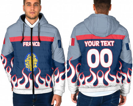 France Men Hooded Padded Jacket Flag & Coat Of Arms Fire Hockey Style