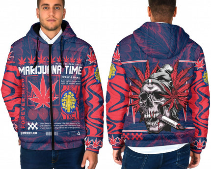 France Men Hooded Padded Jacket Flag & Coat Of Arms Marijuanas Style