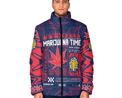 France Men Padded Jacket Flag & Coat Of Arms Marijuanas Style