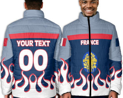 France Men Padded Jacket Flag & Coat Of Arms Fire Hockey Style