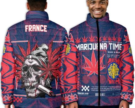 France Men Padded Jacket Flag & Coat Of Arms Marijuanas Style
