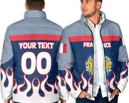 France Men Padded Jacket Flag & Coat Of Arms Fire Hockey Style
