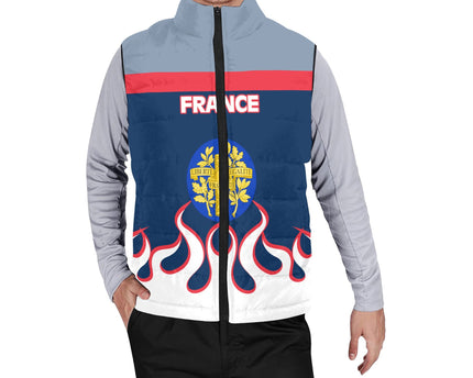 France Men Padded Jacket Vest Flag & Coat Of Arms Fire Hockey Style