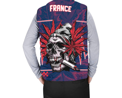 France Men Padded Jacket Vest Flag & Coat Of Arms Marijuanas Style