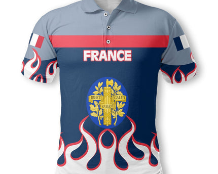 France Polo Shirt Flag & Coat Of Arms Fire Hockey Style