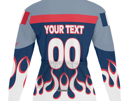France Men's Cycling Jersey Long Sleeve Flag & Coat Of Arms Fire Hockey Style