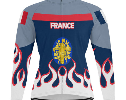 France Men's Cycling Jersey Long Sleeve Flag & Coat Of Arms Fire Hockey Style