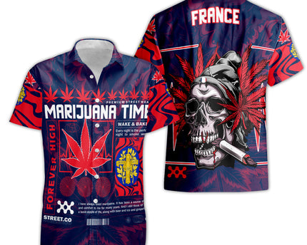 France Short Sleeve Shirt Flag & Coat Of Arms Marijuanas Style