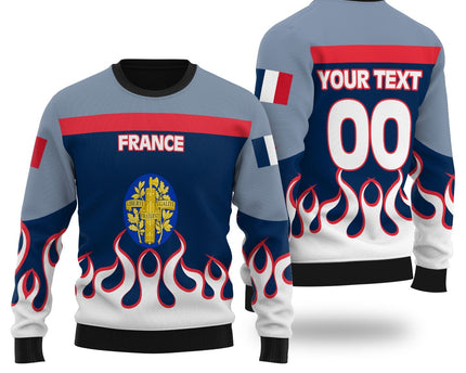 France Ugly Sweater Flag & Coat Of Arms Fire Hockey Style