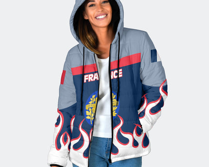 France Women Hooded Padded Jacket Flag & Coat Of Arms Fire Hockey Style