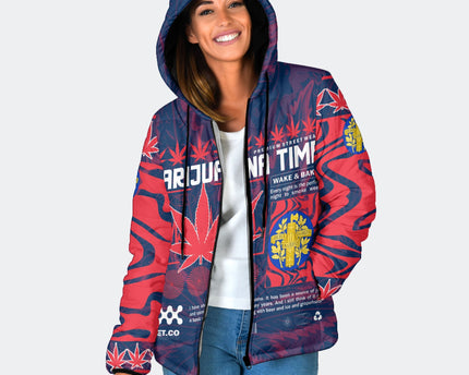 France Women Hooded Padded Jacket Flag & Coat Of Arms Marijuanas Style