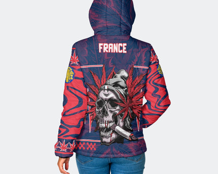 France Women Hooded Padded Jacket Flag & Coat Of Arms Marijuanas Style