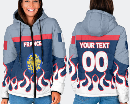 France Women Hooded Padded Jacket Flag & Coat Of Arms Fire Hockey Style