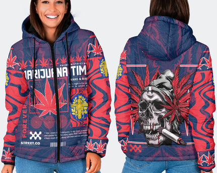 France Women Hooded Padded Jacket Flag & Coat Of Arms Marijuanas Style