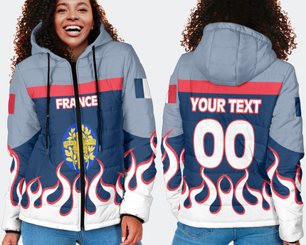 France Women Hooded Padded Jacket Flag & Coat Of Arms Fire Hockey Style