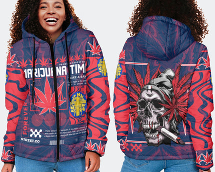 France Women Hooded Padded Jacket Flag & Coat Of Arms Marijuanas Style