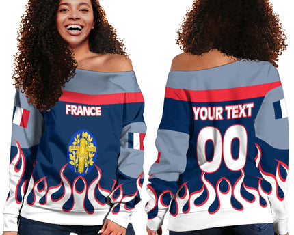 France Women Off Shoulder Sweatshirt Flag & Coat Of Arms Fire Hockey Style