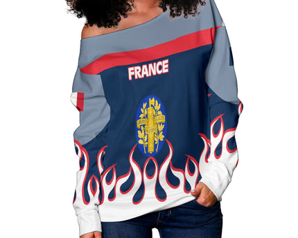 France Women Off Shoulder Sweatshirt Flag & Coat Of Arms Fire Hockey Style