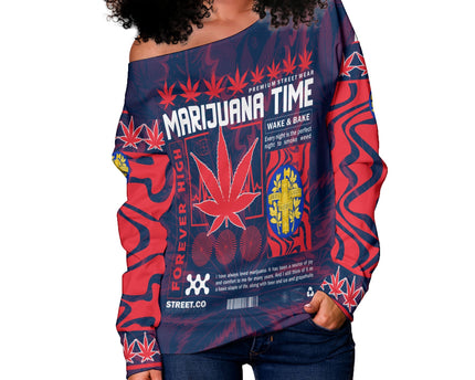 France Women Off Shoulder Sweatshirt Flag & Coat Of Arms Marijuanas Style