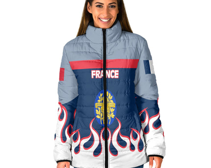 France Women Padded Jacket Flag & Coat Of Arms Fire Hockey Style