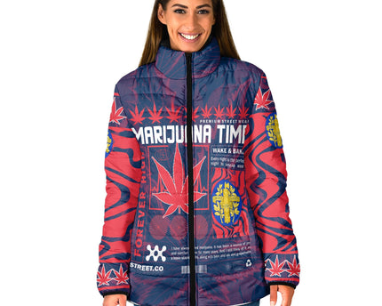 France Women Padded Jacket Flag & Coat Of Arms Marijuanas Style