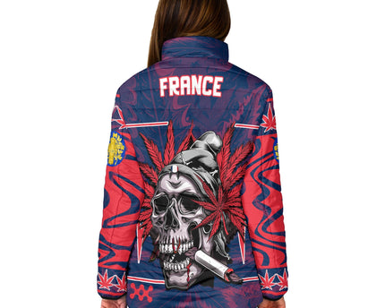 France Women Padded Jacket Flag & Coat Of Arms Marijuanas Style