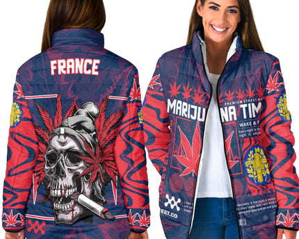 France Women Padded Jacket Flag & Coat Of Arms Marijuanas Style