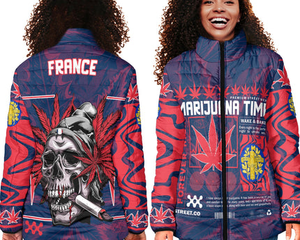 France Women Padded Jacket Flag & Coat Of Arms Marijuanas Style