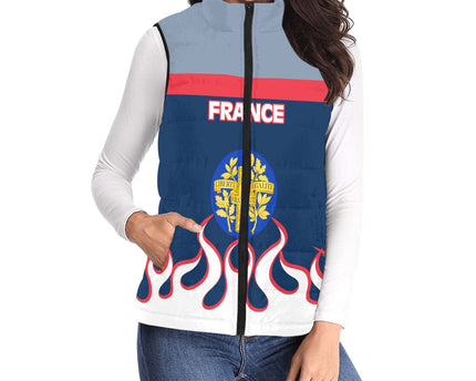 France Women Padded Jacket Vest Flag & Coat Of Arms Fire Hockey Style