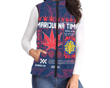 France Women Padded Jacket Vest Flag & Coat Of Arms Marijuanas Style