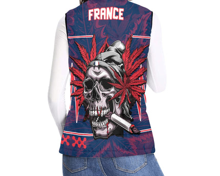 France Women Padded Jacket Vest Flag & Coat Of Arms Marijuanas Style