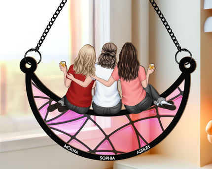 Friends, Sisters Sitting On The Moon - Personalized Window Hanging Suncatcher Ornament - Gift For Friend