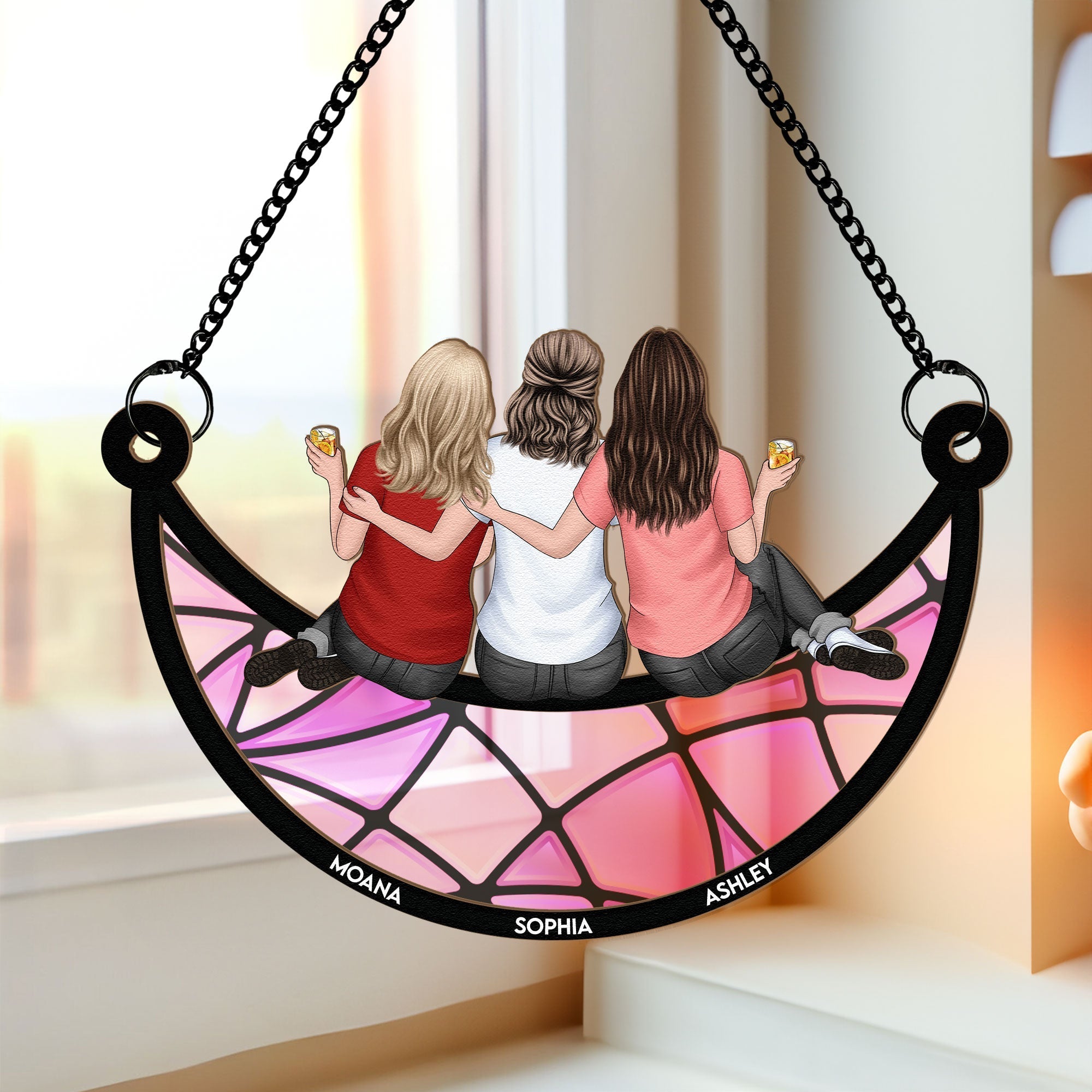 Friends, Sisters Sitting On The Moon - Personalized Window Hanging Suncatcher Ornament - Gift For Friend