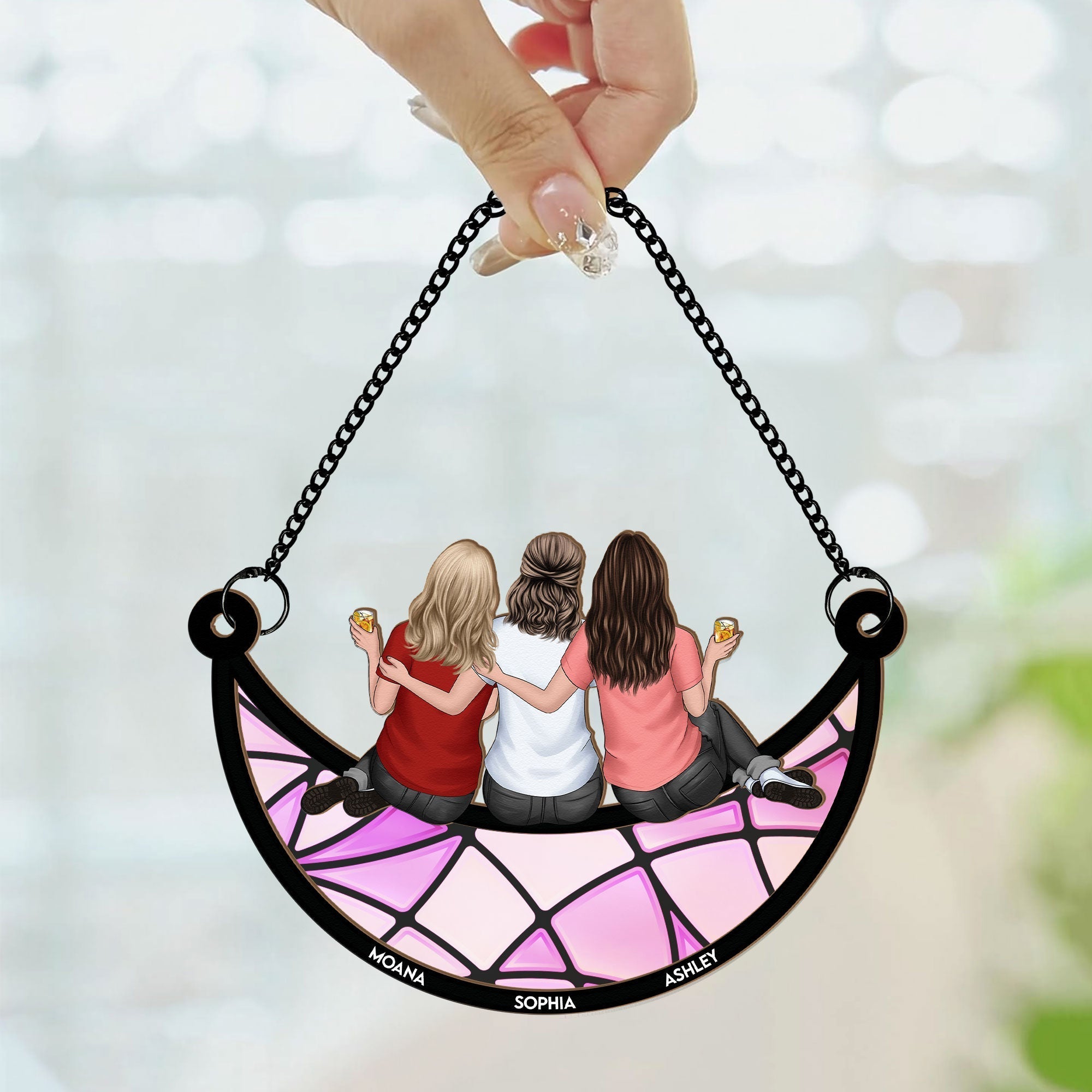 Friends, Sisters Sitting On The Moon - Personalized Window Hanging Suncatcher Ornament - Gift For Friend