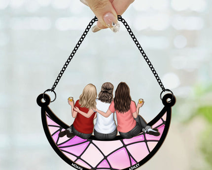 Friends, Sisters Sitting On The Moon - Personalized Window Hanging Suncatcher Ornament - Gift For Friend