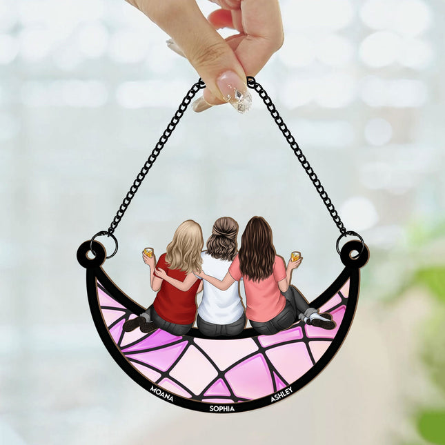 Friends, Sisters Sitting On The Moon - Personalized Window Hanging Suncatcher Ornament - Gift For Friend