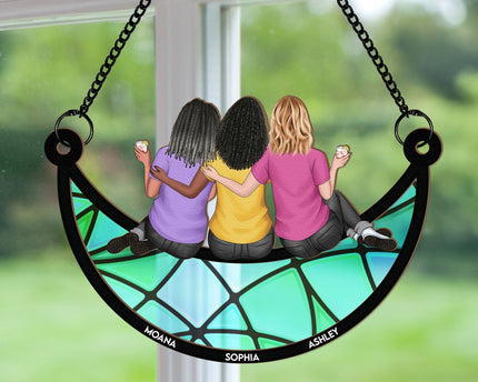 Friends, Sisters Sitting On The Moon - Personalized Window Hanging Suncatcher Ornament - Gift For Friend