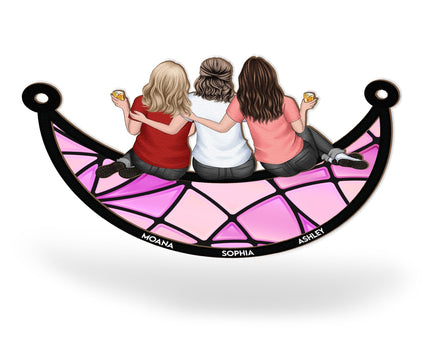 Friends, Sisters Sitting On The Moon - Personalized Window Hanging Suncatcher Ornament - Gift For Friend
