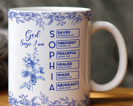 God Says I Am Name Letter In Bible Birth Flower Toile De Jouy Style - Personalized Mug