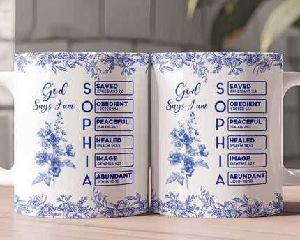 God Says I Am Name Letter In Bible Birth Flower Toile De Jouy Style - Personalized Mug