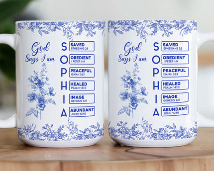 God Says I Am Name Letter In Bible Birth Flower Toile De Jouy Style - Personalized Mug